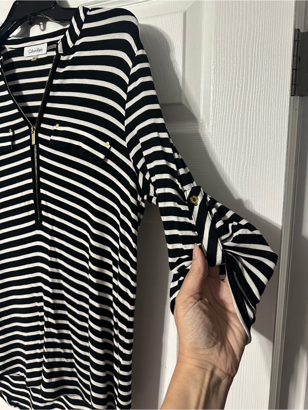 Calvin Klein Striped Half-Zip Roll Tab Sleeve Hi Lo Blouse - Picture 8 of 15